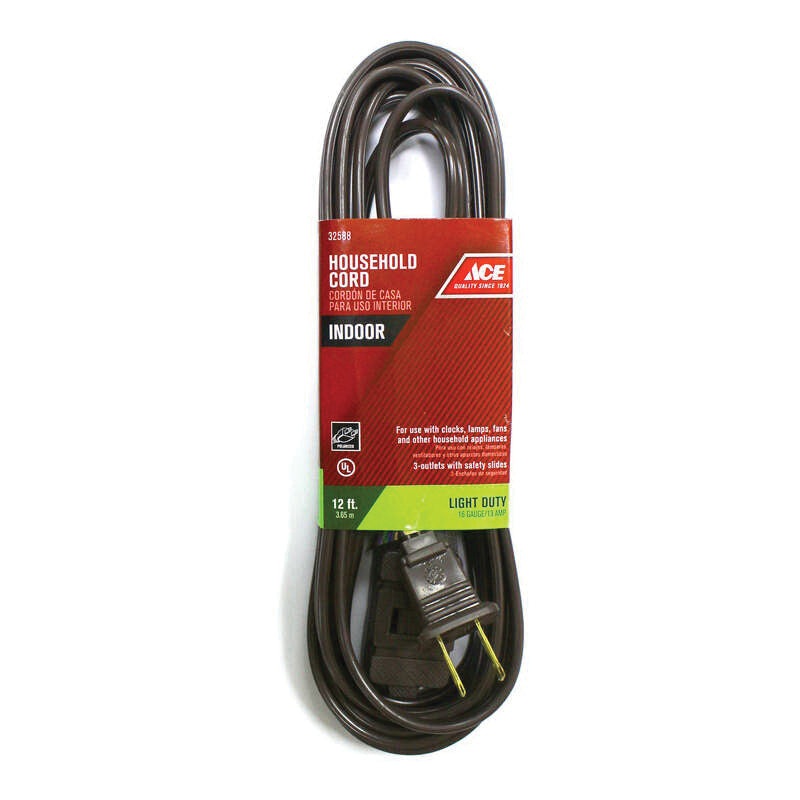 ACE IN162PT212BR Extension Cord, 125 V, SPT-2 Conductor, 16/2 AWG Conductor, 12 ft L