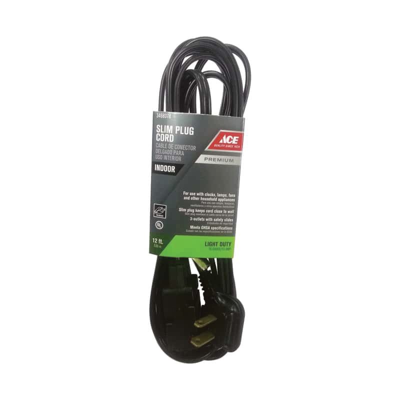 ACE INP162PT212BK Extension Cord, 125 V, 2-Conductor, SPT-2 Conductor, 16 AWG Conductor, 12 ft L