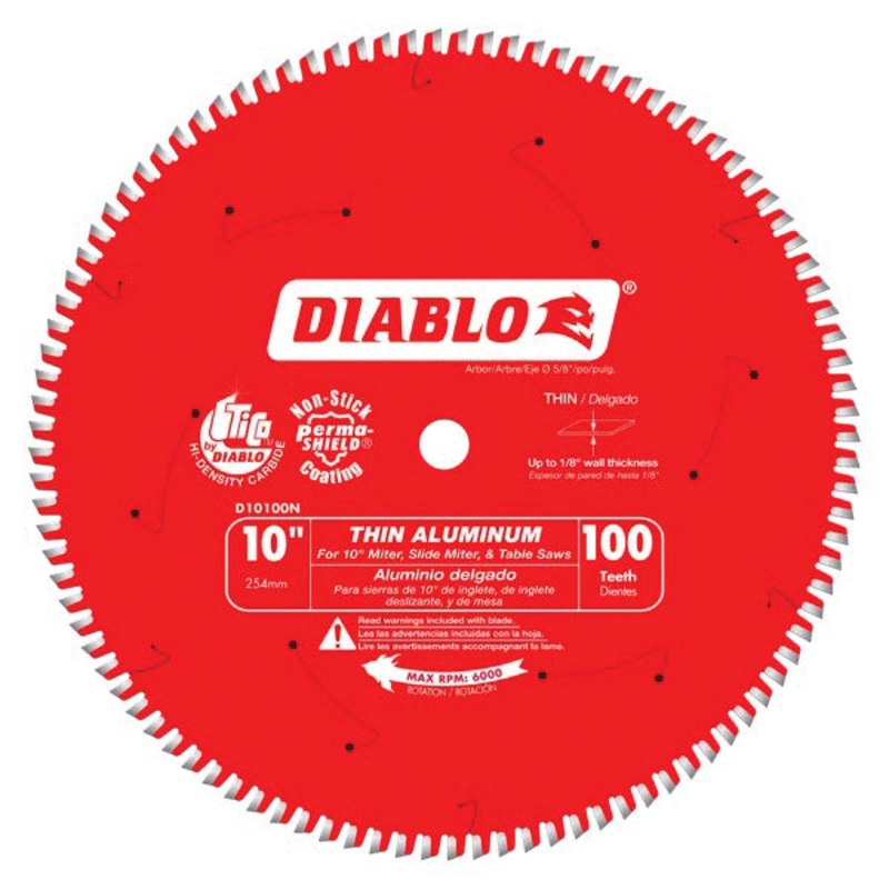 DIABLO D10100N Saw Blade, 10 in Dia, TCG Teeth, 100-Teeth, -5 deg Hook, 5/8 in Arbor, 6000 rpm Max Speed