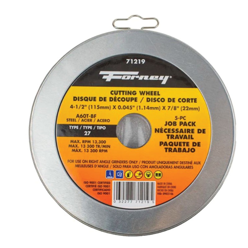 Forney 71219 Cut-Off Wheel, Type 27 Wheel, 4-1/2 in Dia, 0.045 in Thick, 7/8 in Arbor, Aluminum Oxide Abrasive