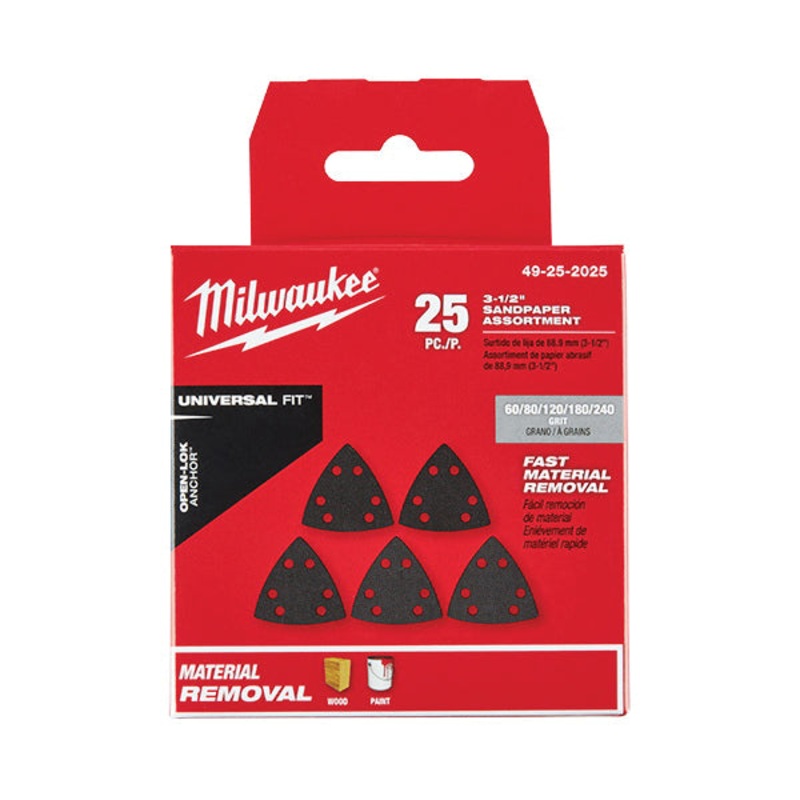 Milwaukee OPEN-LOK 49-25-2025 Triangle Sanding Pad, 3.56 in L, 3-1/2 in W, 60, 80, 120, 180, 240 Grit